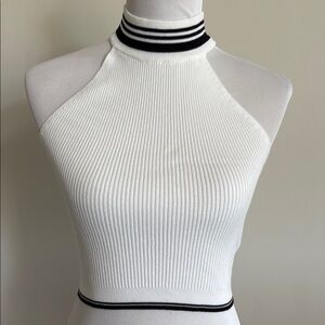White Ribbed Halter Top with Black Stripes